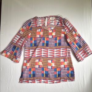 Umgee | Women's Small, Colorful Bell Sleeve Sheer Blouse‎ with Graphic Design